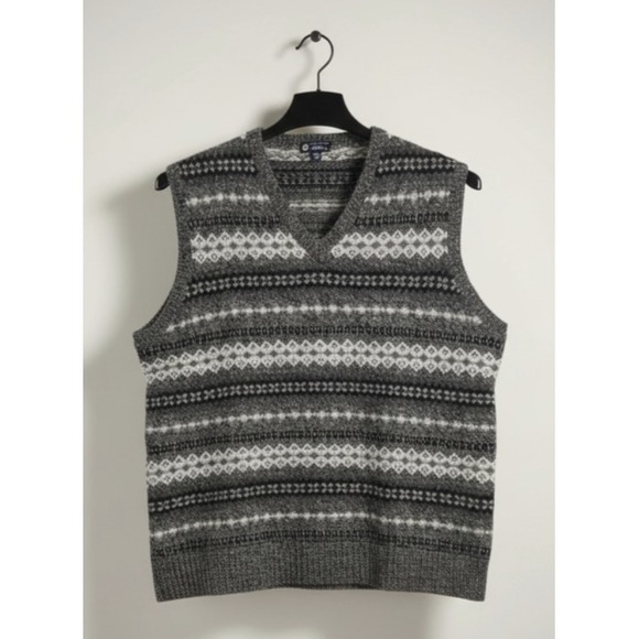 J.Crew Fair Isle Sweater Vest Mens XL Gray Lambswool Nordic Knit V-Neck - Picture 2 of 11